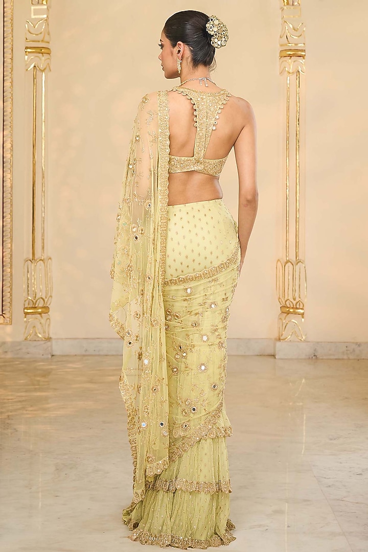 Green Net Jaal Hand Embroidered Ruffled Bridal Saree Set by Arpita Mehta at Pernia's Pop Up Shop