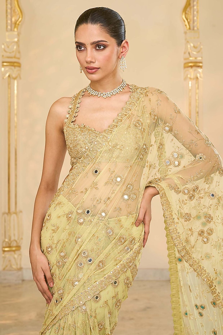 Green Net Jaal Hand Embroidered Ruffled Bridal Saree Set by Arpita Mehta at Pernia's Pop Up Shop