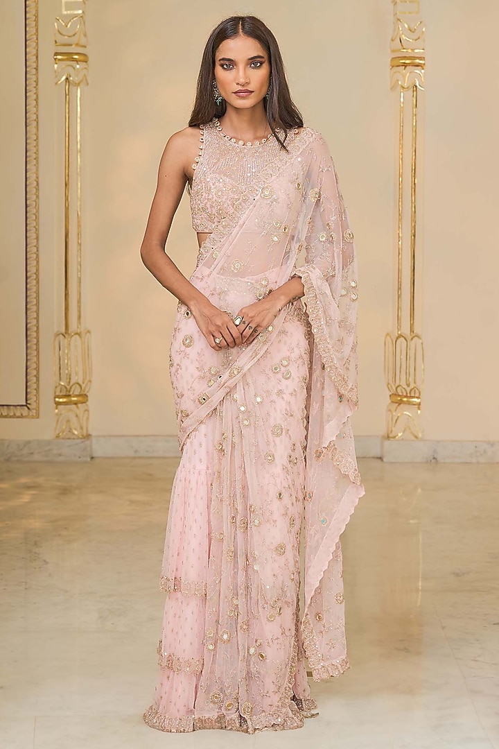 Baby Pink Net Jaal Hand Embroidered Ruffled Bridal Saree Set by Arpita Mehta at Pernia's Pop Up Shop
