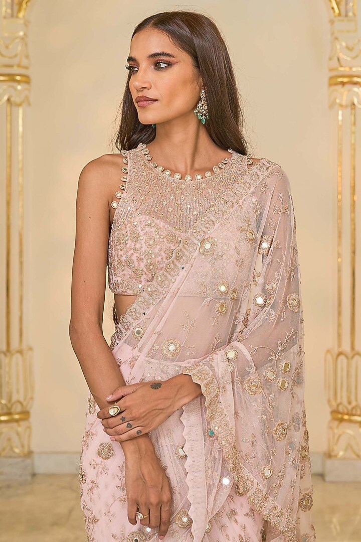 Baby Pink Net Jaal Hand Embroidered Ruffled Bridal Saree Set by Arpita Mehta at Pernia's Pop Up Shop