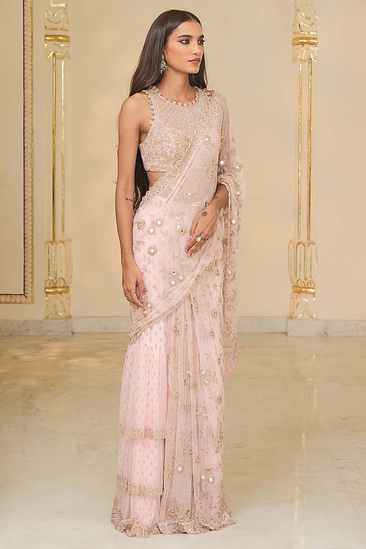 Baby Pink Net Jaal Hand Embroidered Ruffled Bridal Saree Set by Arpita Mehta at Pernia's Pop Up Shop
