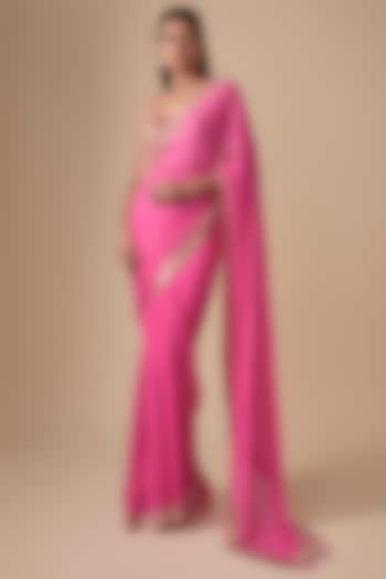 Pink Georgette & Net Embroidered Reception Saree Set by Arpita Mehta at Pernia's Pop Up Shop