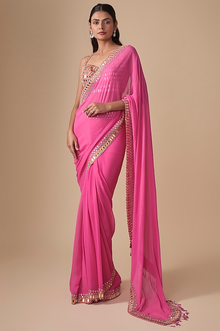 Pink Georgette & Net Embroidered Reception Saree Set by Arpita Mehta at Pernia's Pop Up Shop