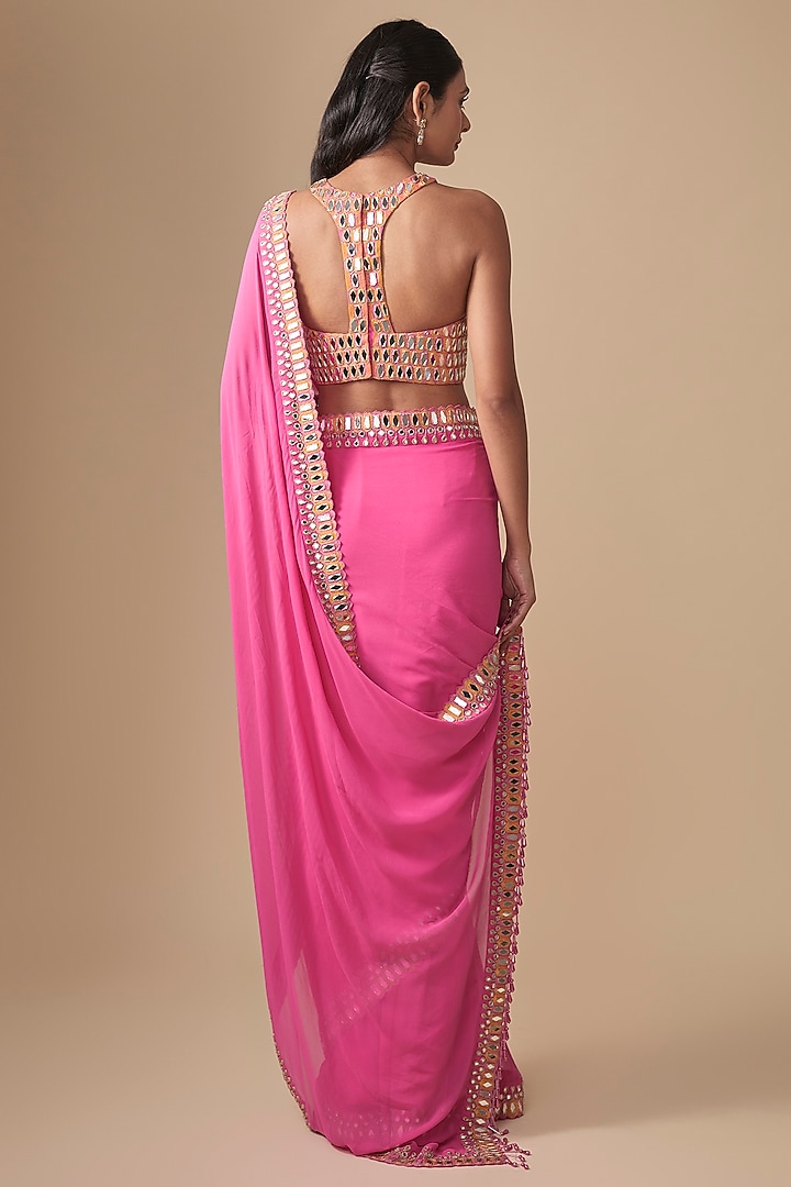 Pink Georgette & Net Embroidered Reception Saree Set by Arpita Mehta at Pernia's Pop Up Shop