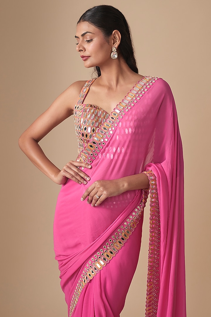 Pink Georgette & Net Embroidered Reception Saree Set by Arpita Mehta at Pernia's Pop Up Shop