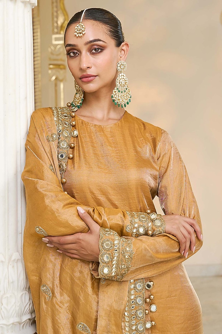 Copper Tissue Hand Embroidered Kurta Set by Arpita Mehta at Pernia's Pop Up Shop
