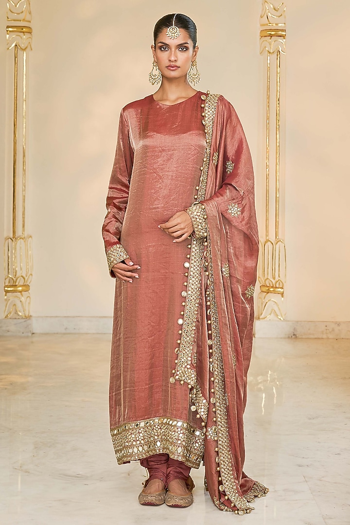 Light Brick Tissue Hand Embroidered Kurta Set by Arpita Mehta at Pernia's Pop Up Shop