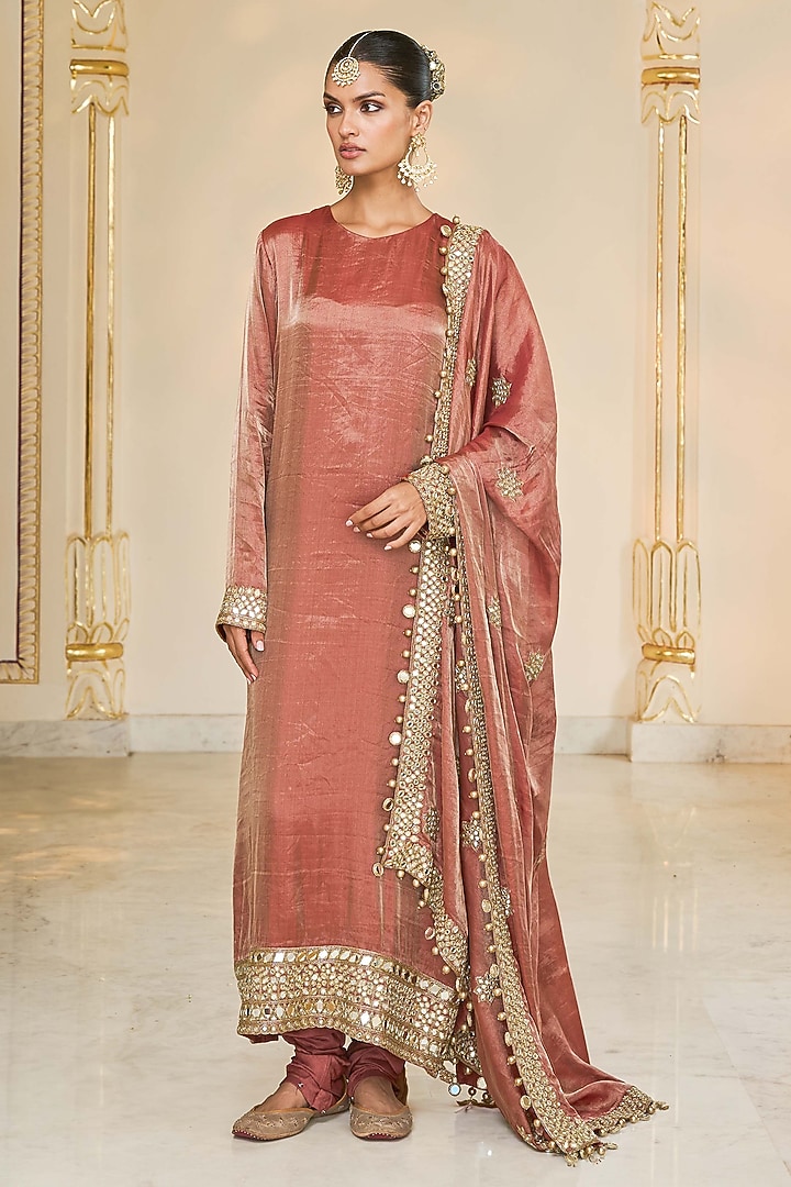 Light Brick Tissue Hand Embroidered Kurta Set by Arpita Mehta at Pernia's Pop Up Shop