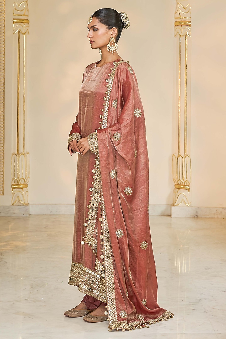 Light Brick Tissue Hand Embroidered Kurta Set by Arpita Mehta at Pernia's Pop Up Shop