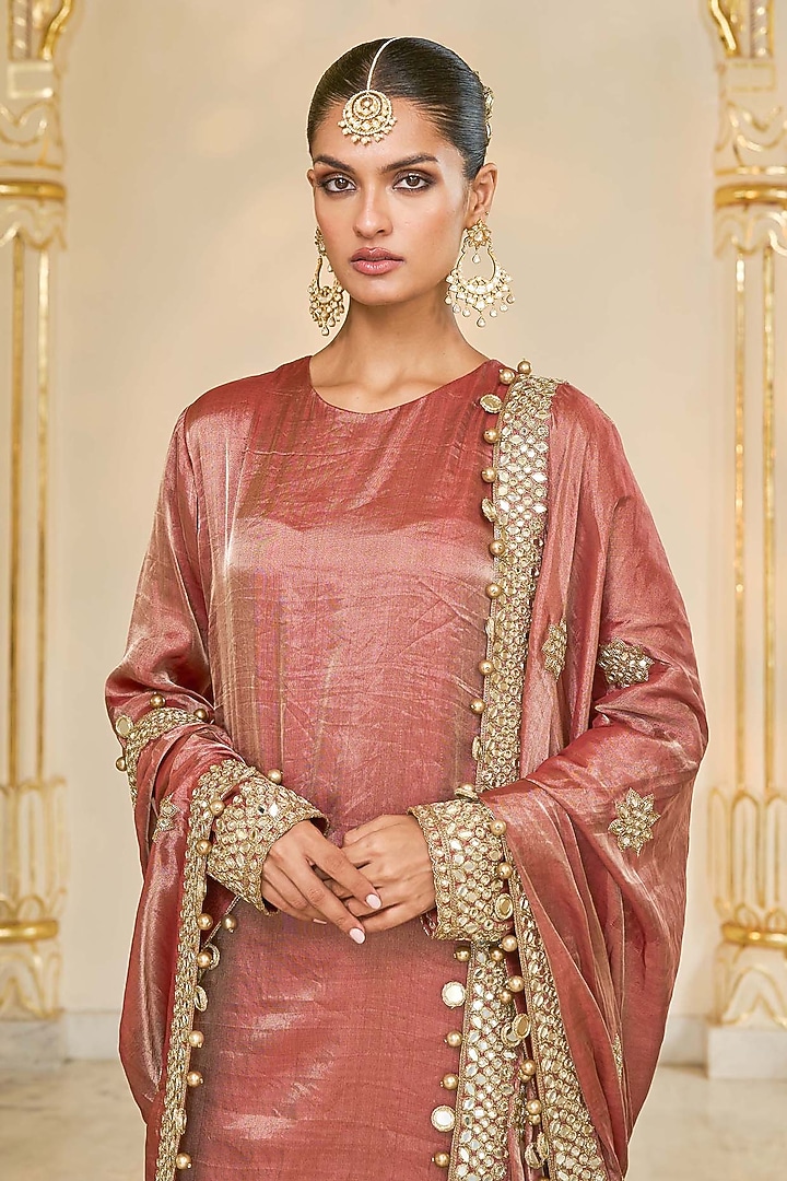 Light Brick Tissue Hand Embroidered Kurta Set by Arpita Mehta at Pernia's Pop Up Shop