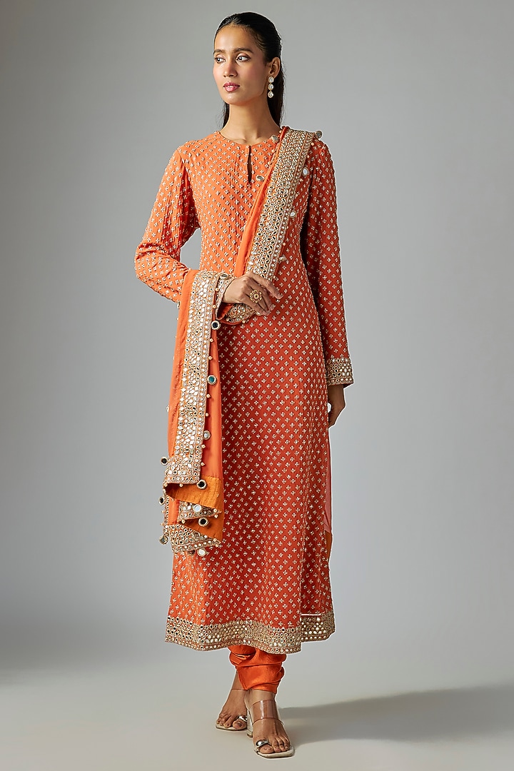 Toasted Orange Silk Kurta Set by Arpita Mehta at Pernia's Pop Up Shop