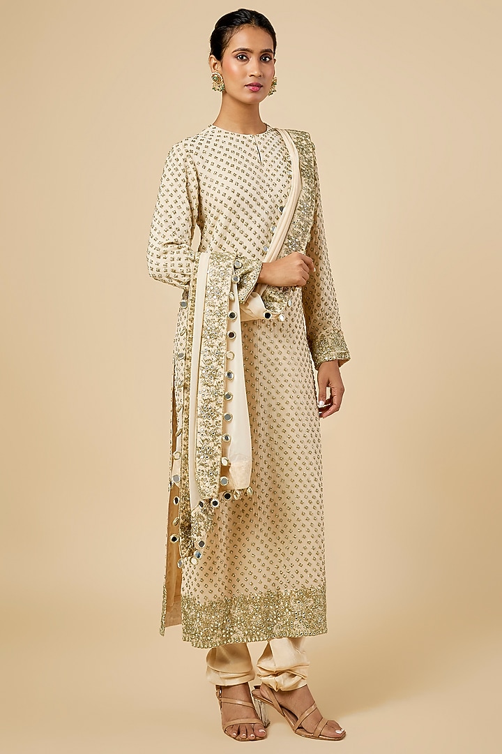 Coconut & Gold-Colored Georgette Mirror Embroidered Kurta Set by Arpita Mehta at Pernia's Pop Up Shop