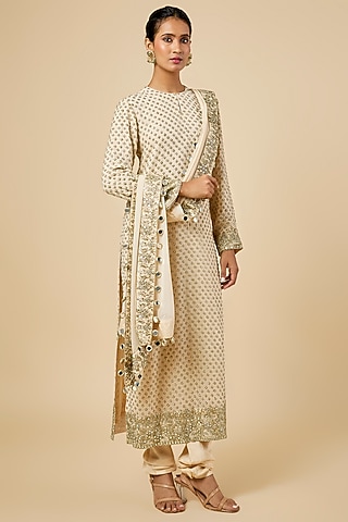 Coconut & Gold-Colored Georgette Mirror Embroidered Kurta Set by Arpita Mehta