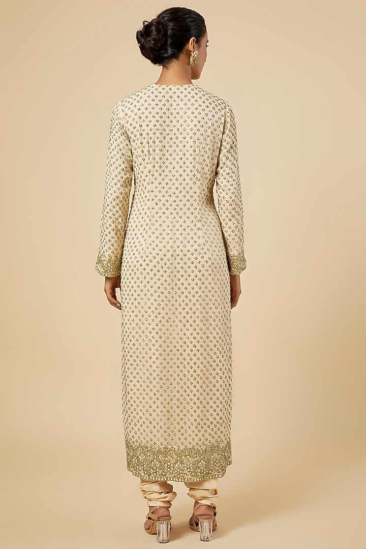 Coconut & Gold-Colored Georgette Mirror Embroidered Kurta Set by Arpita Mehta at Pernia's Pop Up Shop
