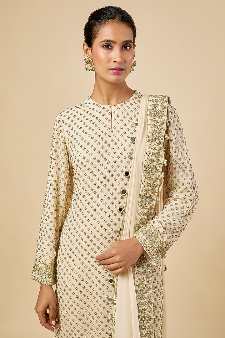 Coconut & Gold-Colored Georgette Mirror Embroidered Kurta Set by Arpita Mehta at Pernia's Pop Up Shop