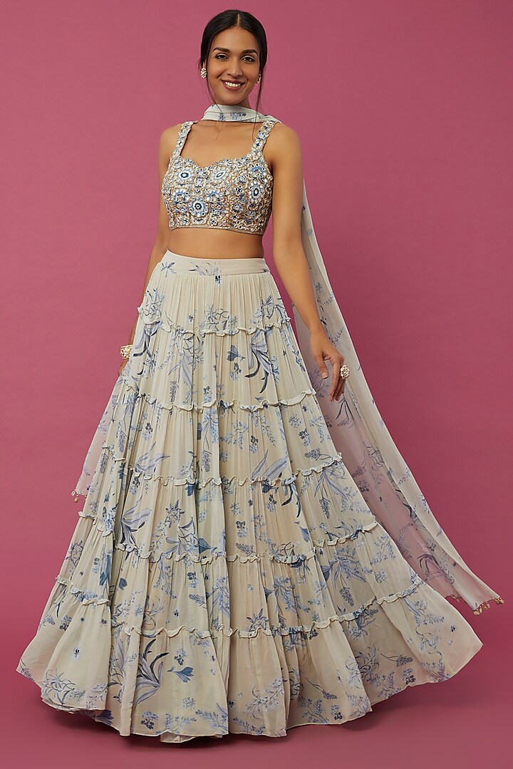 Beige Floral Printed Tiered Skirt Set by Arpita Mehta