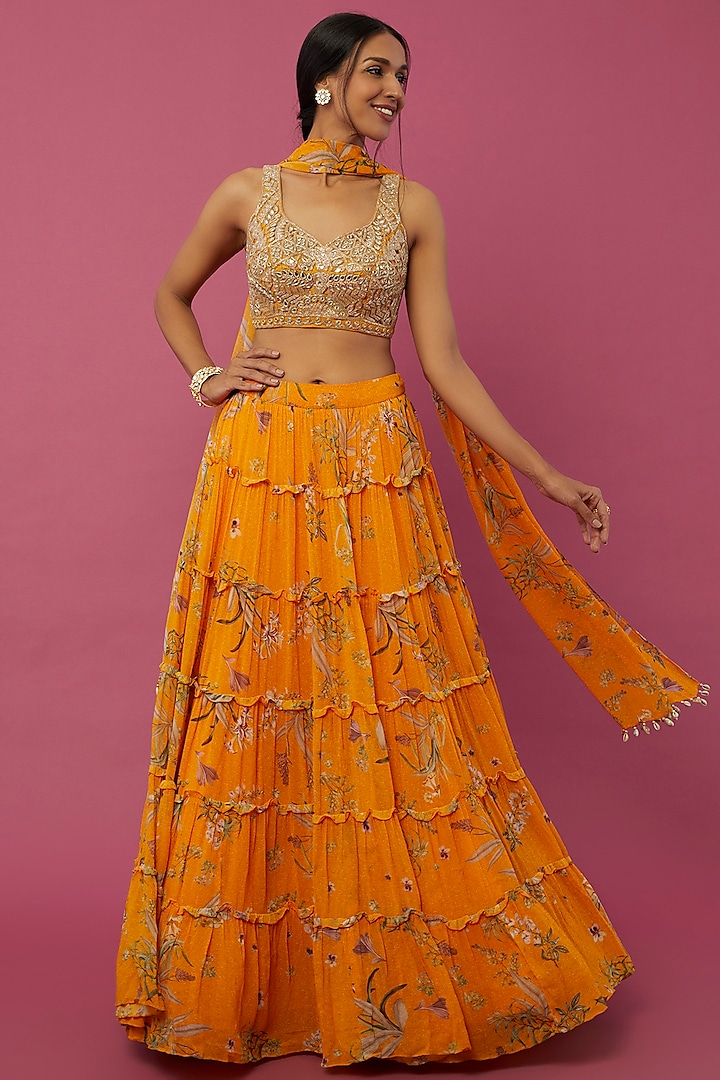 Mango Yellow Floral Printed Tiered Skirt Set by Arpita Mehta