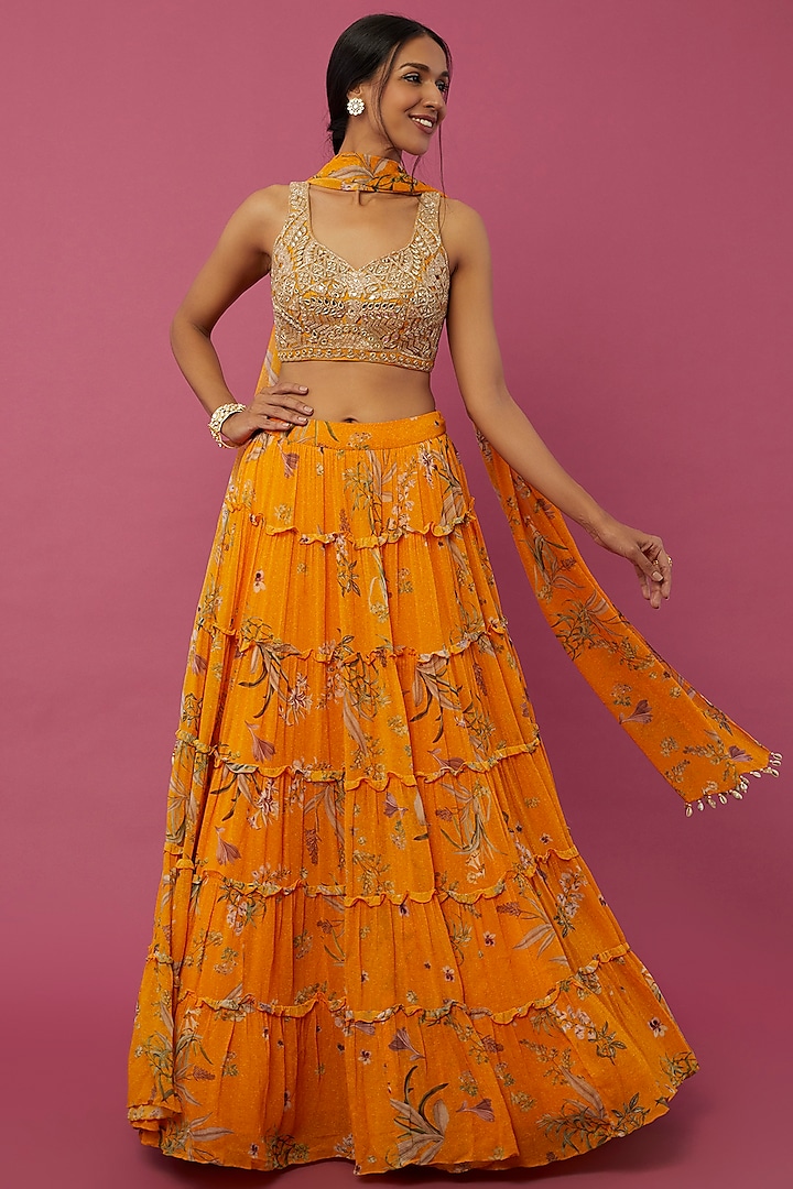 Mango Yellow Floral Printed Tiered Skirt Set by Arpita Mehta at Pernia's Pop Up Shop