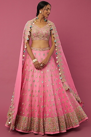 Raspberry Organza Lehenga Set by Arpita Mehta