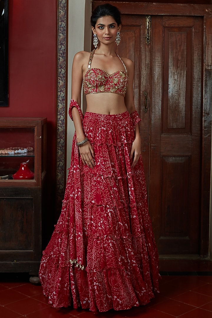 Red Printed Wedding Lehenga Set by Arpita Mehta at Pernia's Pop Up Shop