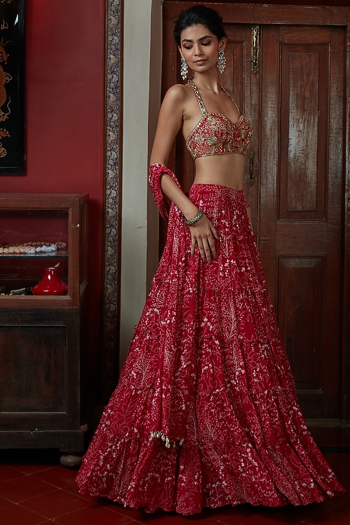 Red Printed Wedding Lehenga Set by Arpita Mehta at Pernia's Pop Up Shop