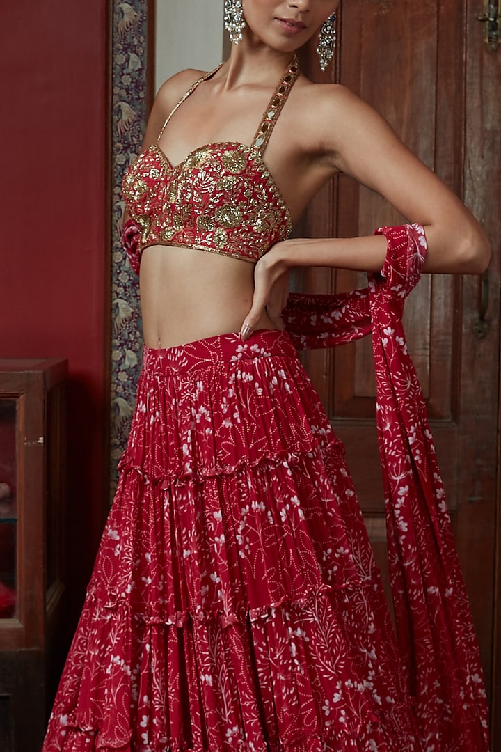 Red Printed Wedding Lehenga Set by Arpita Mehta at Pernia's Pop Up Shop