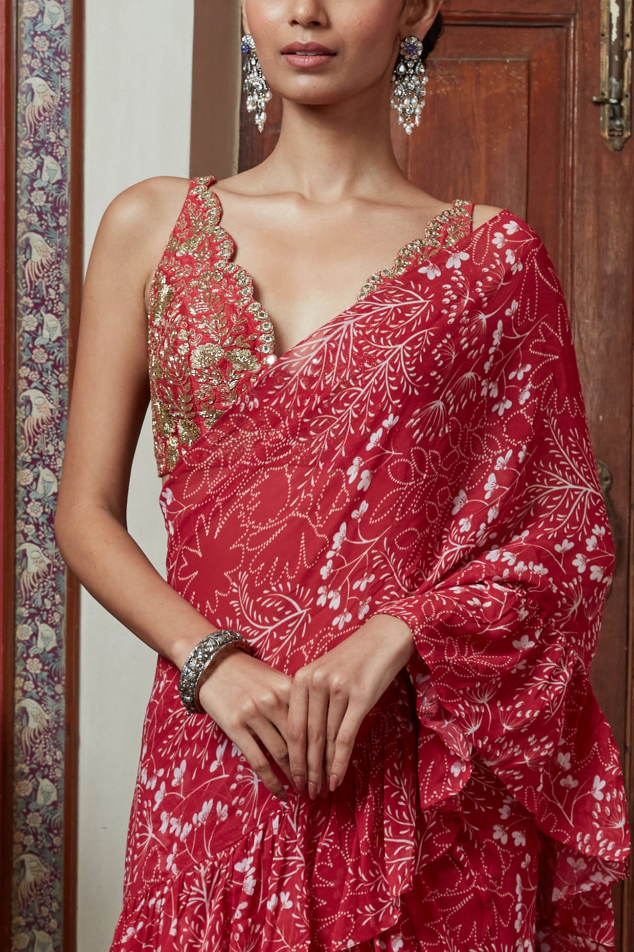 Red Floral Print Hand Embroidered Tiered Ruffle Saree Set – Arpita Mehta  Official