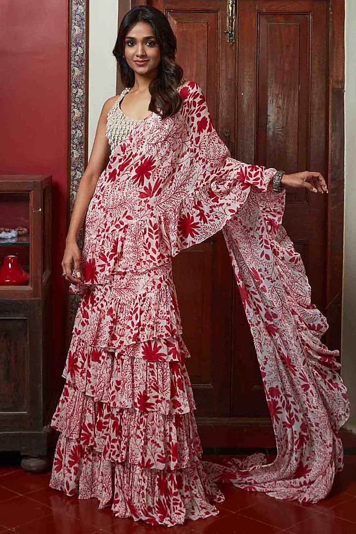 Red Organza & Silk Garden Printed Ruffled Saree Set by Arpita Mehta