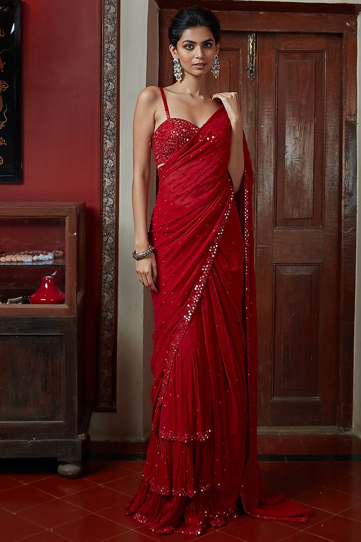 Red Hand Embroidered Saree Set by Arpita Mehta