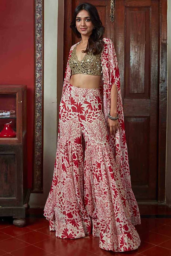 Red Printed Gharara Set by Arpita Mehta