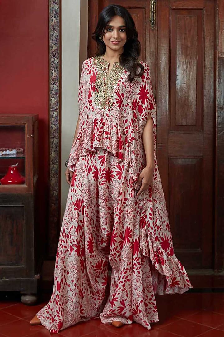Red Printed & Hand Embroidered Cape Set by Arpita Mehta