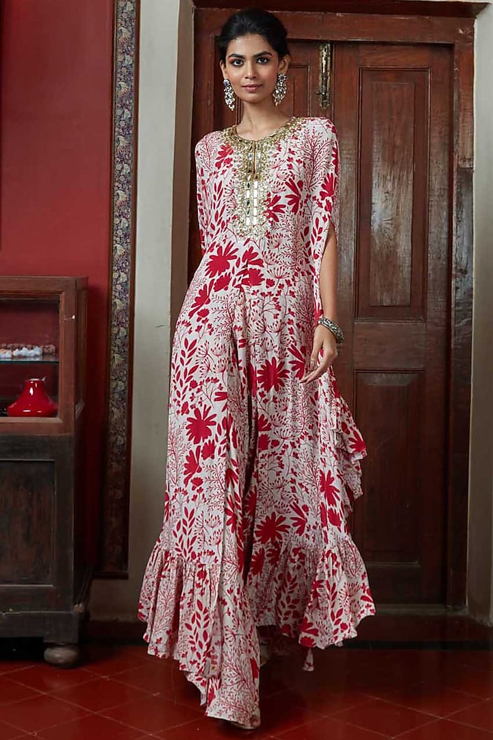 Red Printed & Hand Embroidered Long Cape Set by Arpita Mehta