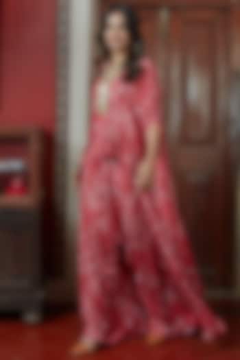 Red Printed & Hand Embroidered High-Low Cape Set by Arpita Mehta