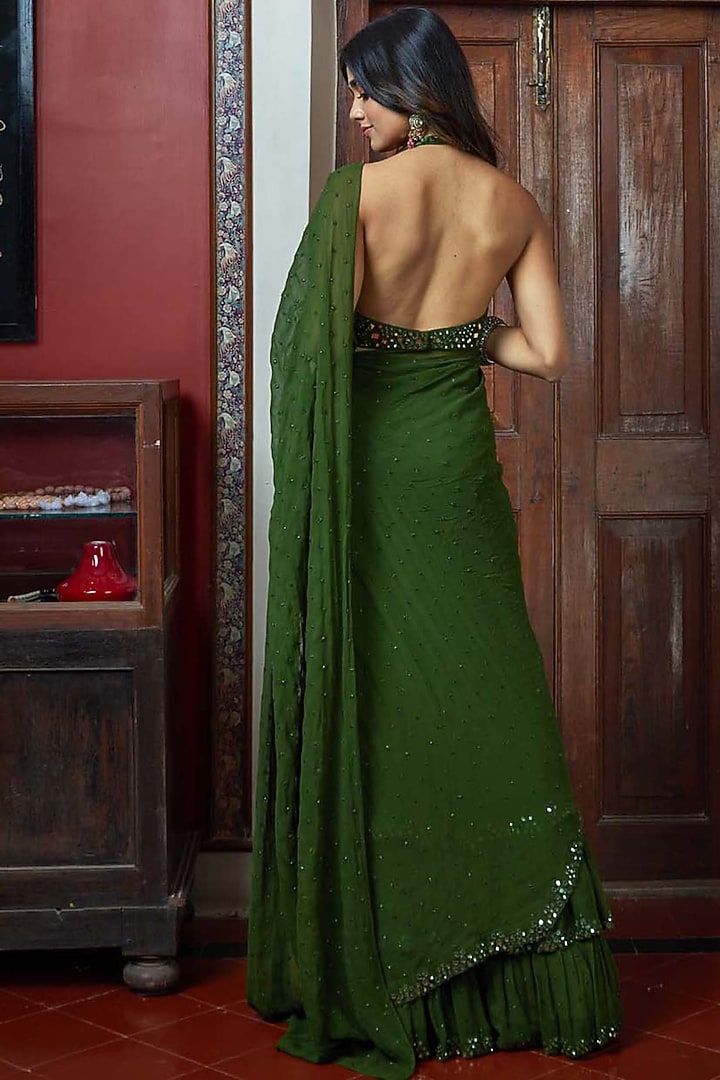 Green Hand Embroidered Tiered Bridal Saree Set by Arpita Mehta at Pernia's Pop Up Shop