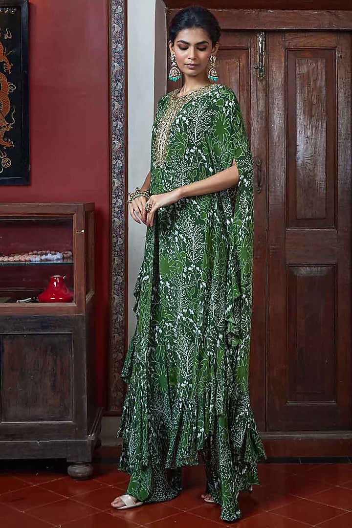 Green Printed & Hand Embroidered Long Cape Set by Arpita Mehta