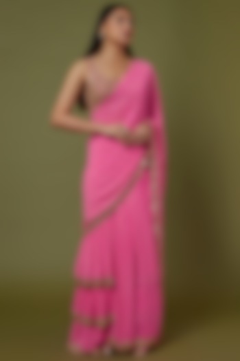 Fuchsia Pink Embroidered Saree Set by Arpita Mehta