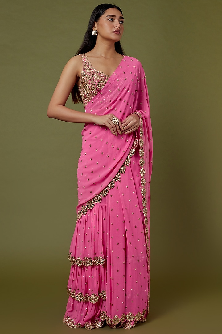 Fuchsia Pink Embroidered Saree Set by Arpita Mehta