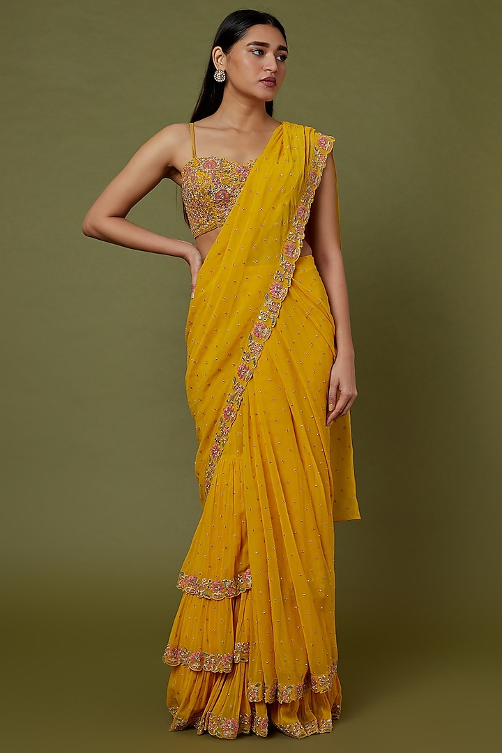 Yellow Hand Embroidered Saree Set by Arpita Mehta