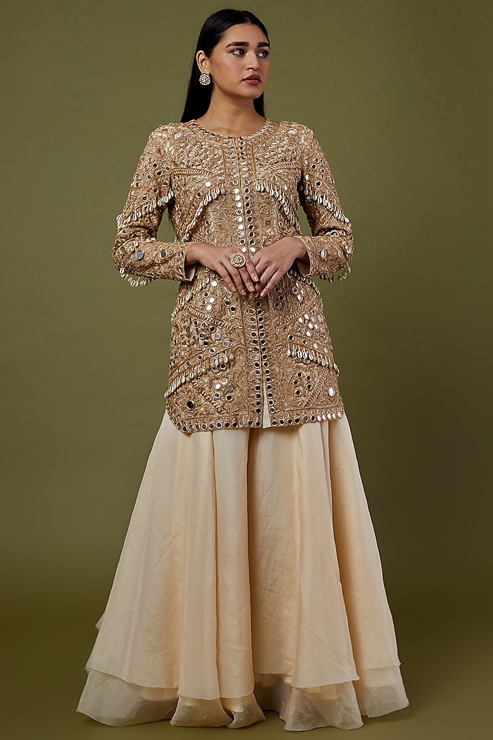 Rose Gold Hand Embroidered Jacket Set by Arpita Mehta