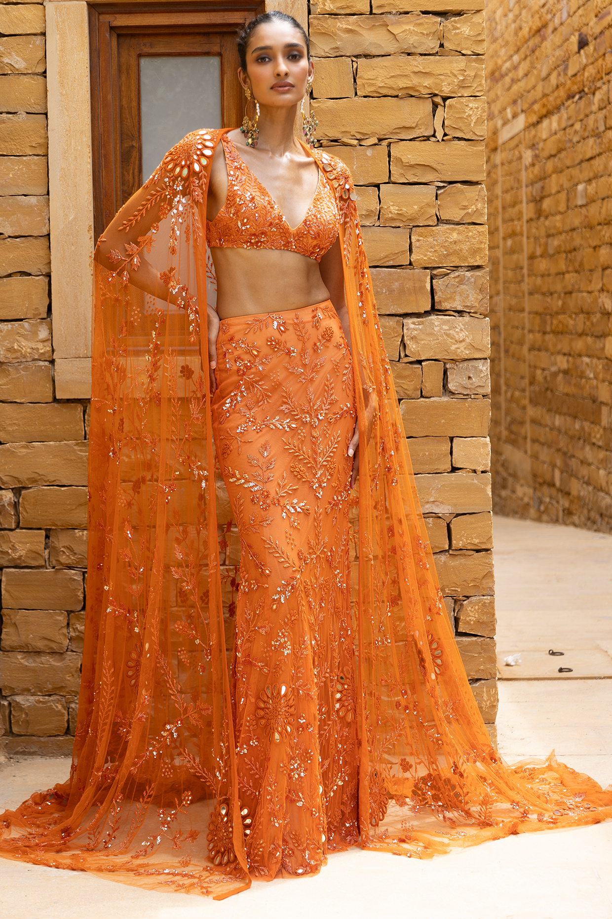 Orange Net Hand Embroidered Cape Set by Arpita Mehta at Pernia's Pop Up Shop