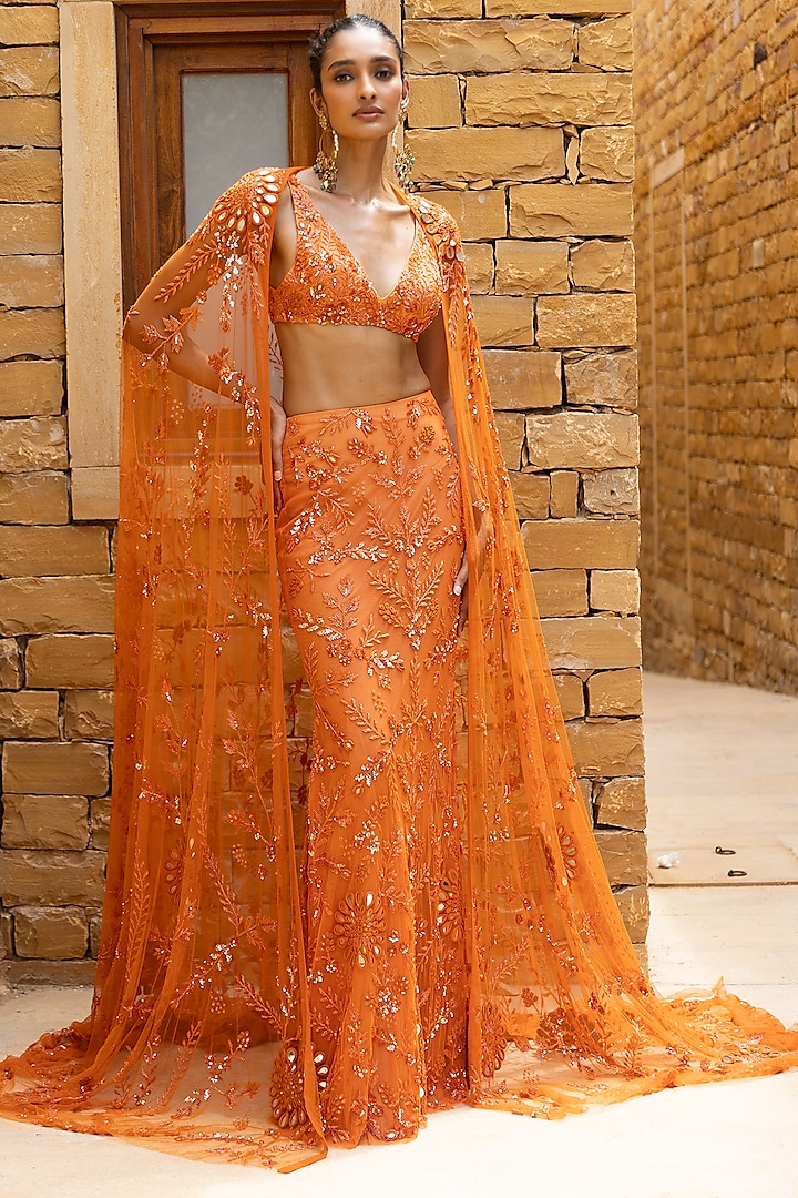 Orange Net Hand Embroidered Cape Set by Arpita Mehta at Pernia's Pop Up Shop