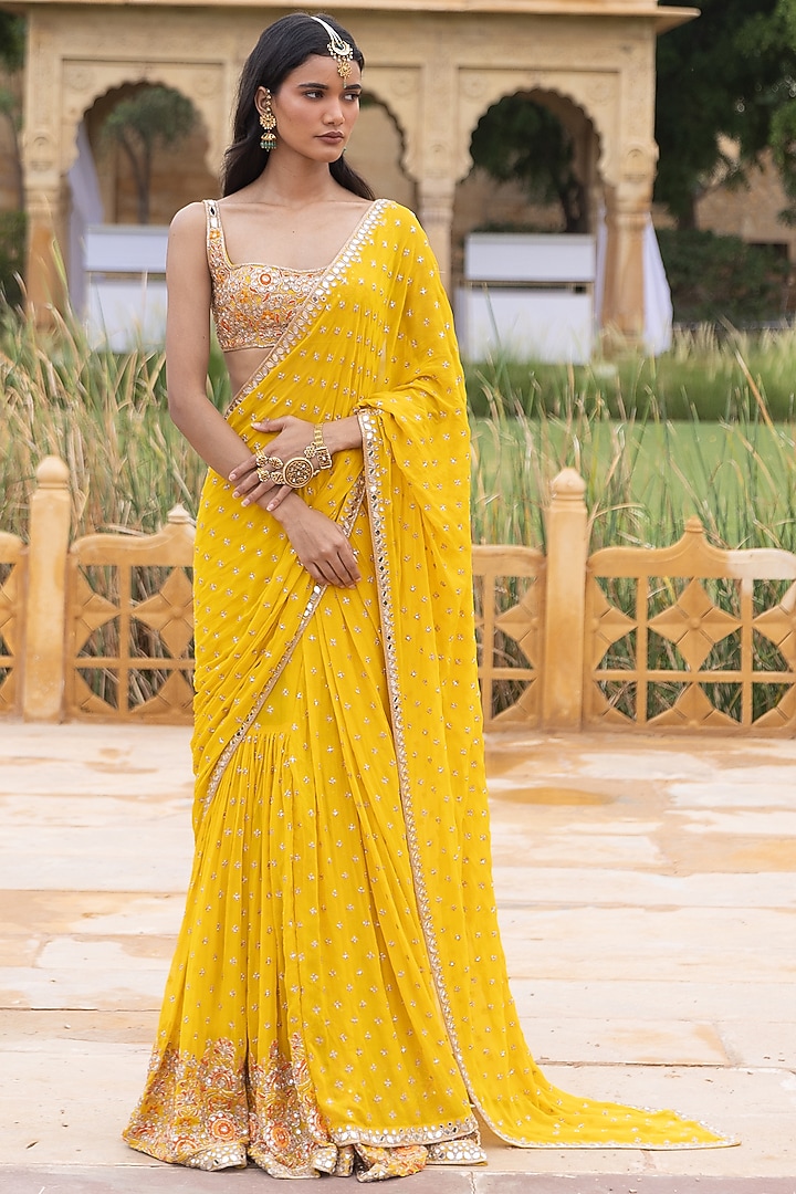 Yellow Georgette Hand Embroidered Bridal Saree Set by Arpita Mehta at Pernia's Pop Up Shop