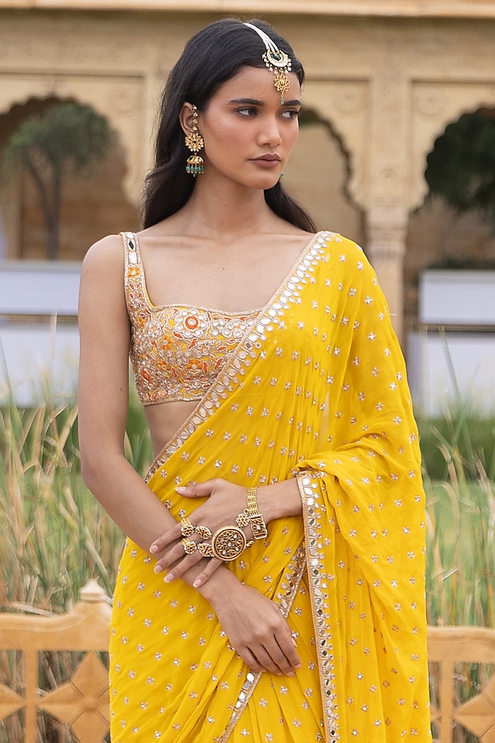 Yellow Georgette Hand Embroidered Bridal Saree Set by Arpita Mehta at Pernia's Pop Up Shop