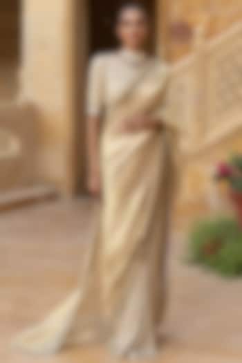 Gold Georgette & Tissue Hand Embroidered Bridal Saree Set by Arpita Mehta at Pernia's Pop Up Shop