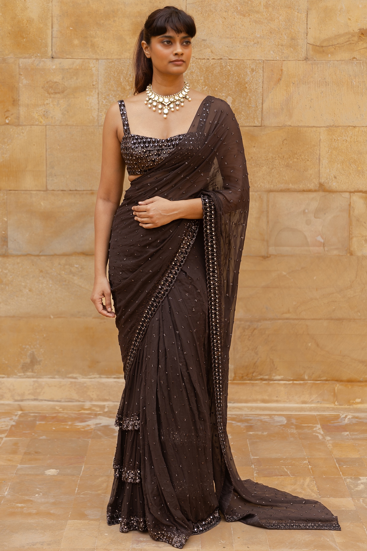 Saree Mall Brown Embellished Saree With Unstitched Blouse