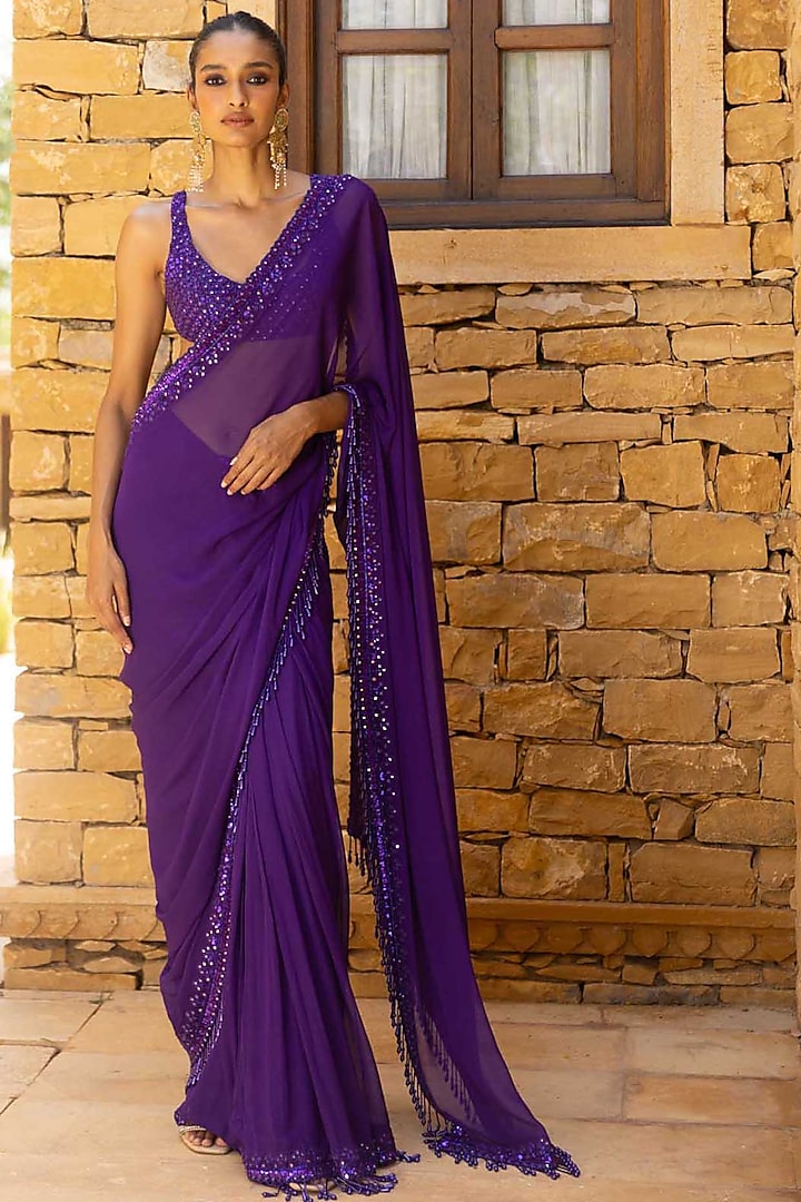 Violet Georgette Hand Embroidered Saree Set by Arpita Mehta at Pernia's Pop Up Shop