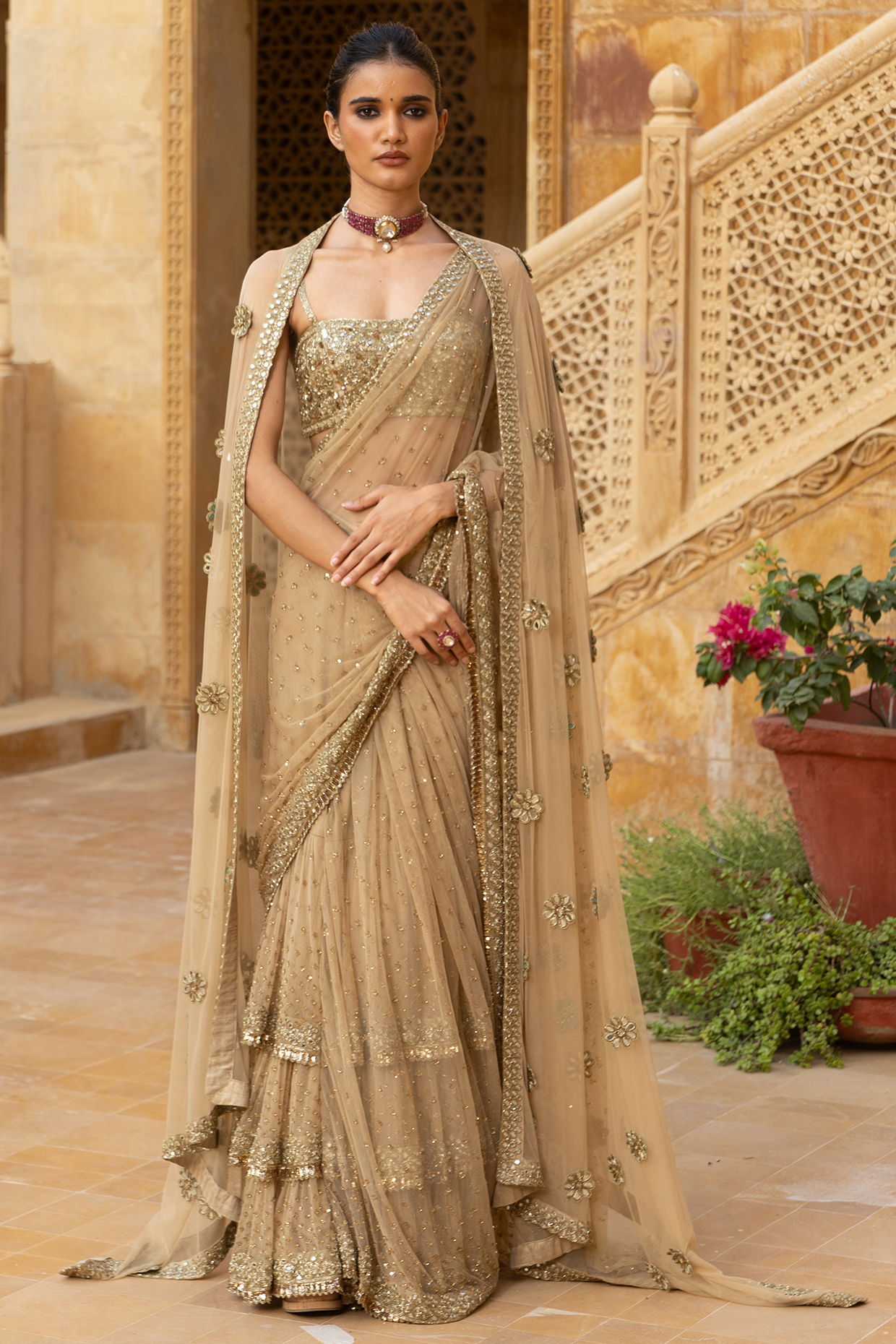 Nude Net Hand Embroidered Bridal Saree Set by Arpita Mehta at Pernia's Pop Up Shop
