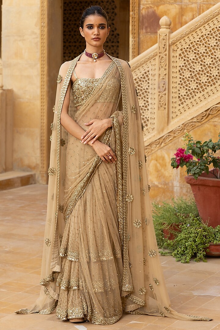 Nude Net Hand Embroidered Bridal Saree Set by Arpita Mehta at Pernia's Pop Up Shop