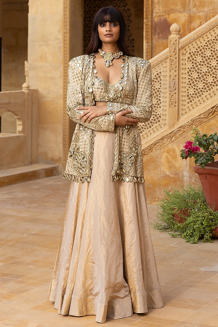 Gold Georgette Hand Embroidered Jacket Set by Arpita Mehta