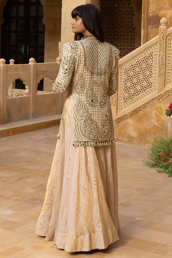 Gold Georgette Hand Embroidered Jacket Set by Arpita Mehta at Pernia's Pop Up Shop